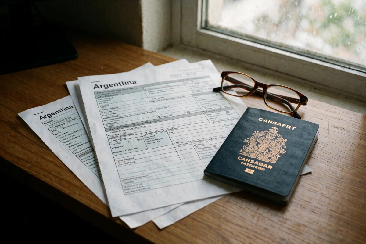A laptop on a desk showing the arca.gob.ar homepage beside printed Argentine tax forms and a Canadian passport