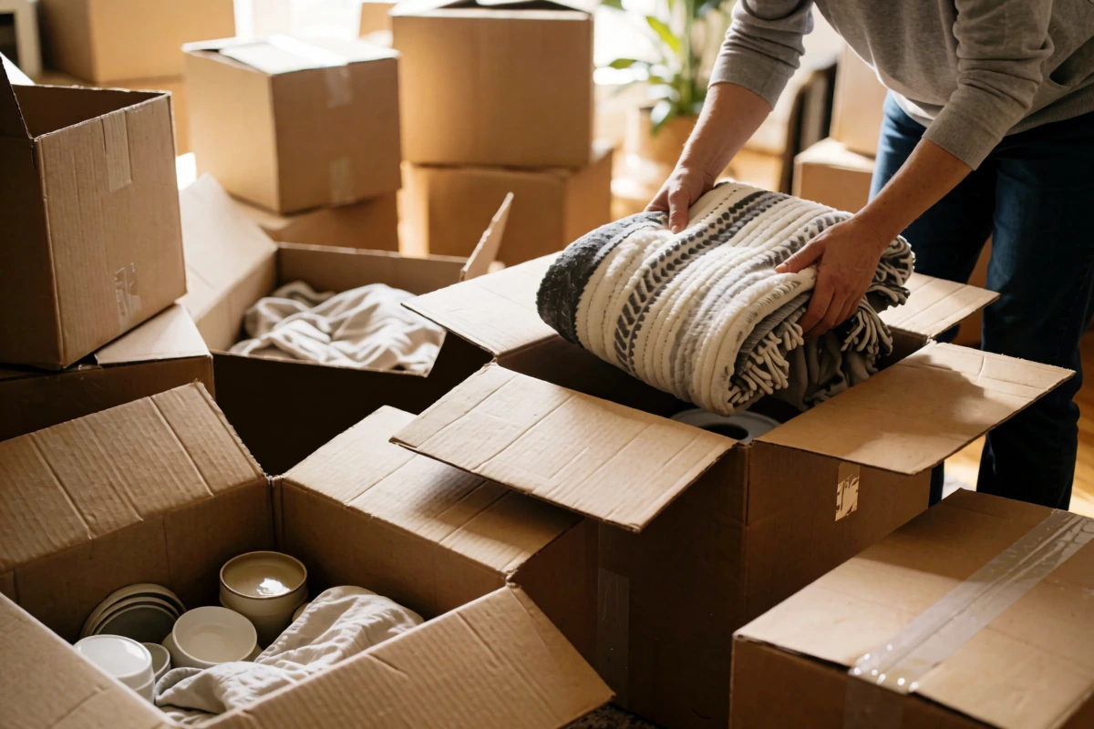 A person packing folded fabric into an open box among sealed moving boxes