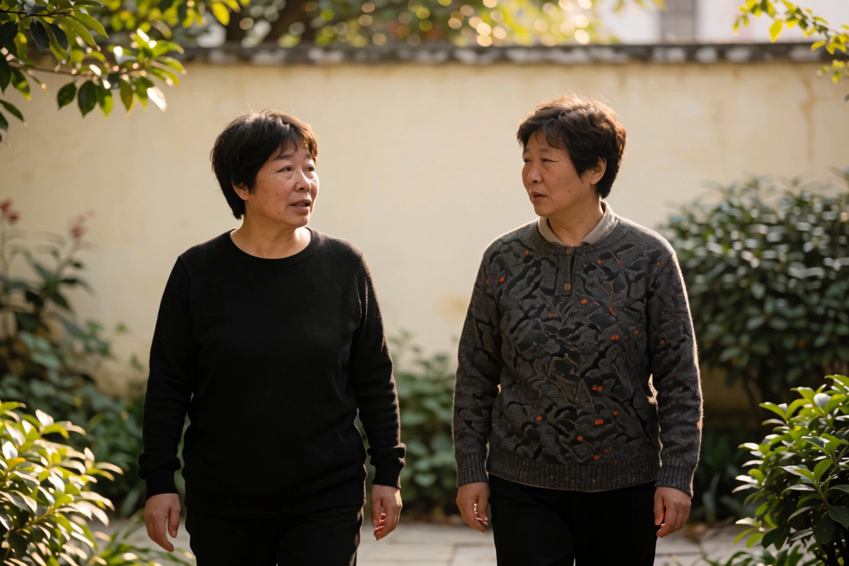 Two adults talking while walking through a leafy residential courtyard